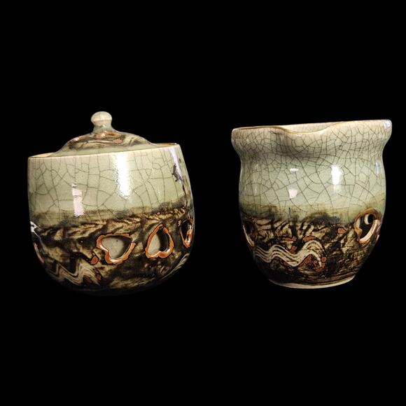 1950s Japanese Pottery Creamer & Sugar Bowl Green Crackle Glaze Heart Cutouts - Picture 2 of 7